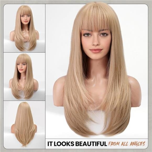 613 Blonde Wig With Bangs For Women Long Straight Wigs Synthetic Layered - Picture 2 of 6